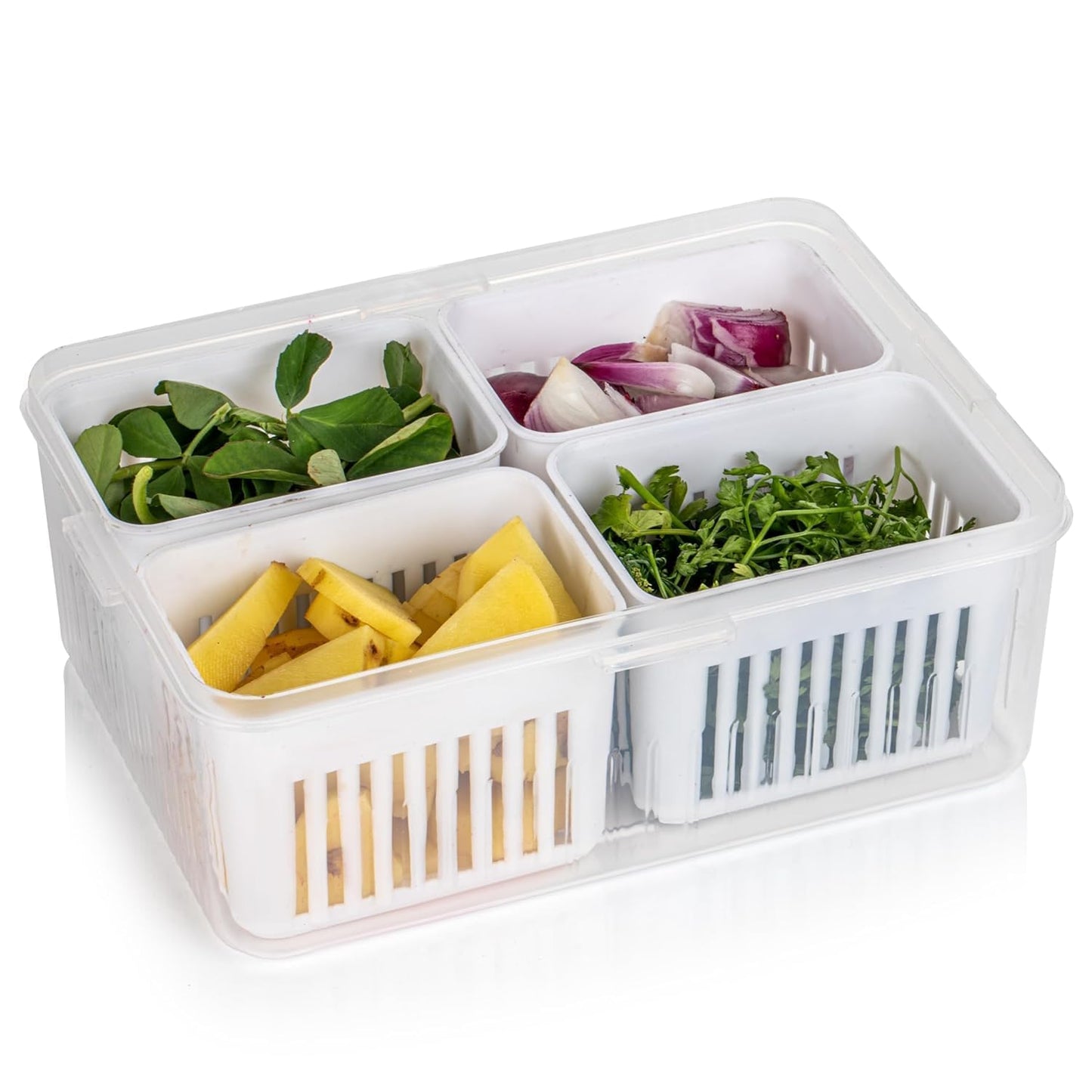 Fridge Storage Boxes Freezer Storage Containers, Container for Kitchen Storage Set, Storage in Kitchen, Vegetable Storage, Draining Crisper Refrigerator Food Box (4 Detachable Small Boxes)