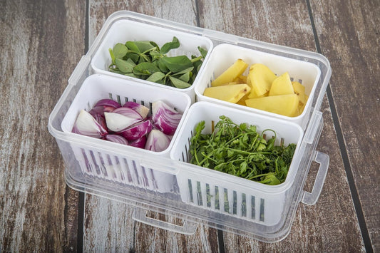 Fridge Storage Boxes Freezer Storage Containers, Container for Kitchen Storage Set, Storage in Kitchen, Vegetable Storage, Draining Crisper Refrigerator Food Box (4 Detachable Small Boxes)