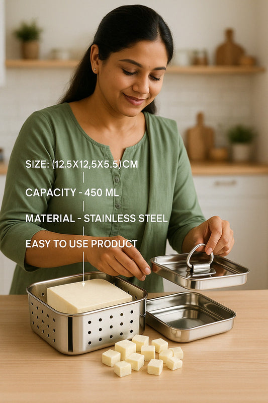 Rosevela Steel Square Shape Indian Paneer Tofu Press Mould Maker 450 Ml Capacity Multi purpose Steel Box